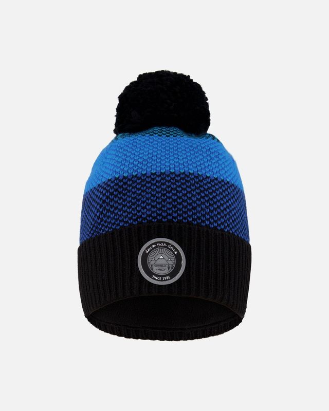 Winter Knit Hat With Pompom And Lining Black And Blue