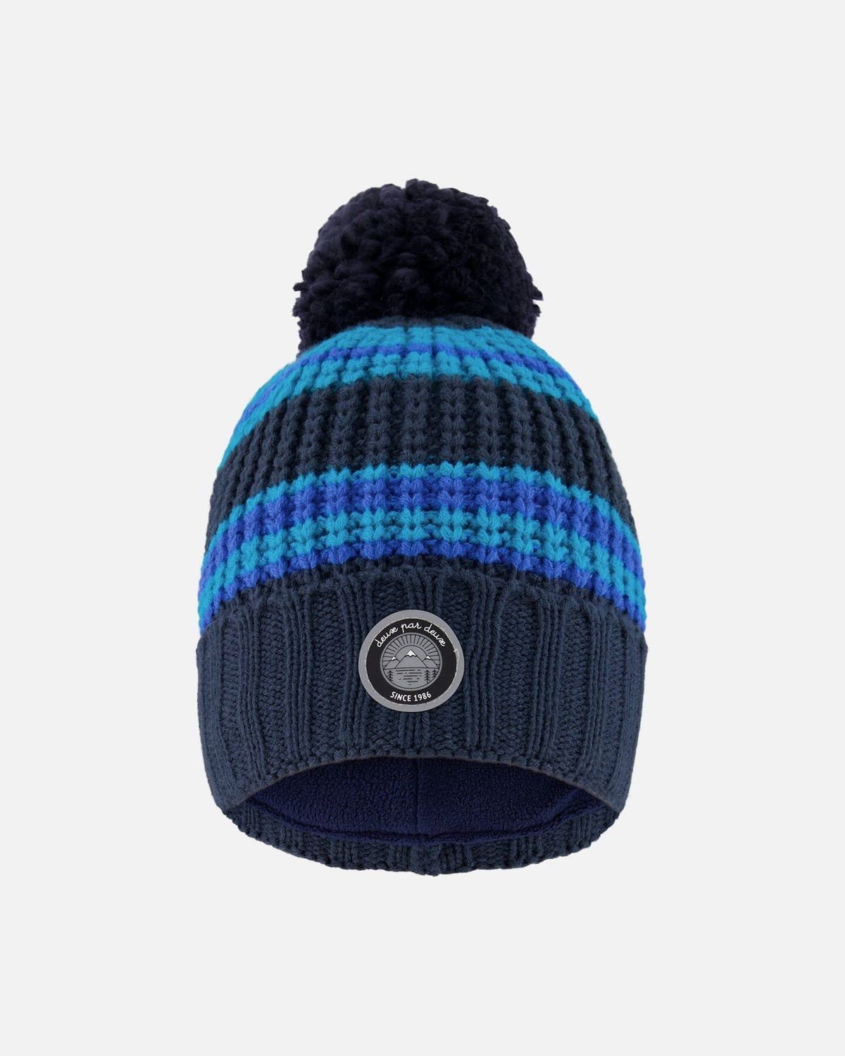 Lined Knit Winter Hat With Pompom Black And Blue