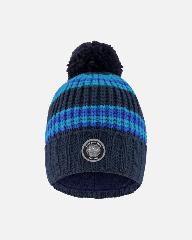 Lined Knit Winter Hat With Pompom Black And Blue