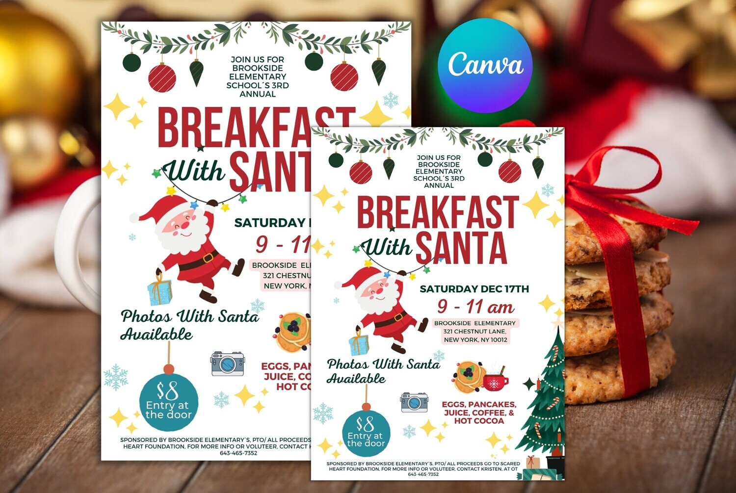 Breakfast with Santa Flyer Editable Template, Pancakes with Santa Invitation, Kids Christmas Party Holiday Invite, Church School PTO PTA