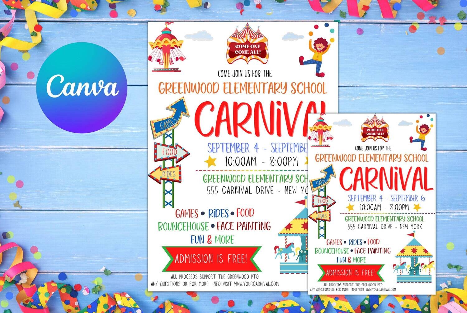 EDITABLE Carnival Flyer, Printable PTA PTO Flyer, School Church Benefit Fundraiser Event Poster, Digital Circus Party Printable Invitation