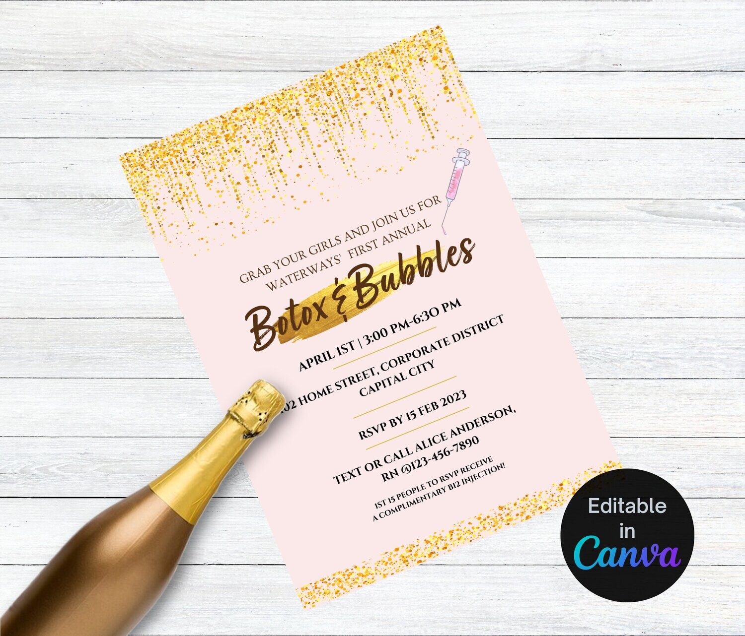Botox &amp; Bubbles party invite, Botox special flyer, Editable Canva Template, Spa Flyer Template, Promotion Beauty Flyer Templates