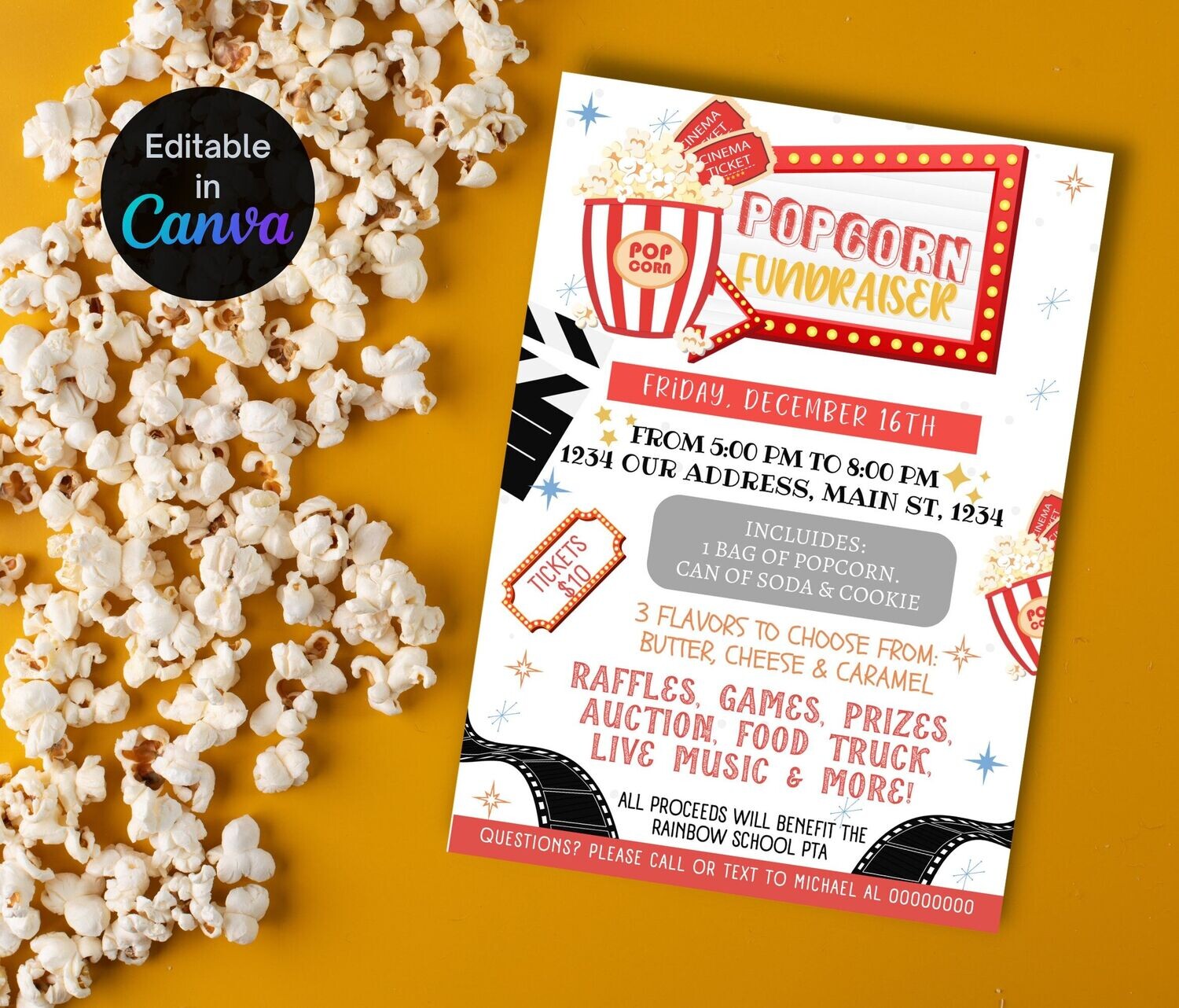 EDITABLE Popcorn Fundraiser Flyer Template, Non Profit Event Poster, PTA PTO School Popcorn Fundraiser Event, Popcorn Sale Marketing Flyer