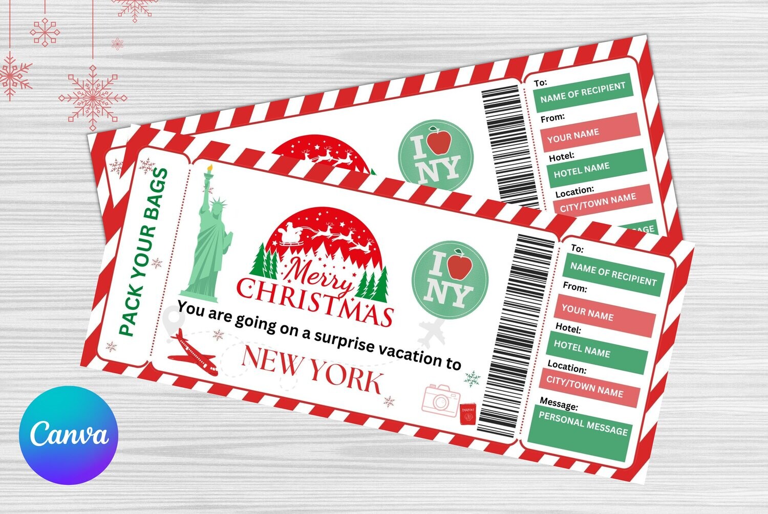 New York Trip Ticket Template - Christmas Gift - Printable Travel Voucher - Surprise NYC Trip Reveal - INSTANT DOWNLOAD - Editable Text