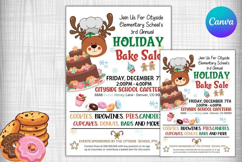 Holiday Bake Sale Flyer Christmas Bakery Invitation, School Church Pto Pta Fundraiser Shopping Xmas Event Editable Template DIY Self-Editing