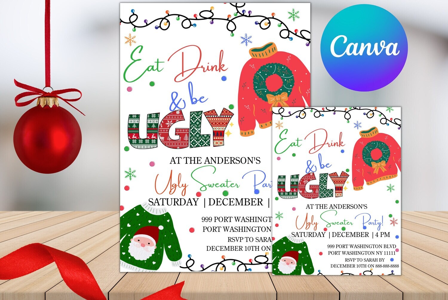EDITABLE Christmas Eat drink and be ugly Sweater Party Invite, Ugly Sweater Invitation Digital, holiday adult Christmas party Canva template