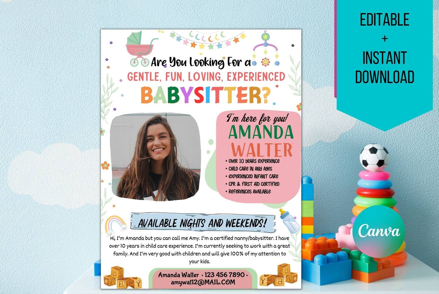 Editable Babysitter Flyer, Childcare Services Community Caretaker Printable Flyer, School Church Fundraiser Invite, Small Business TEMPLATE