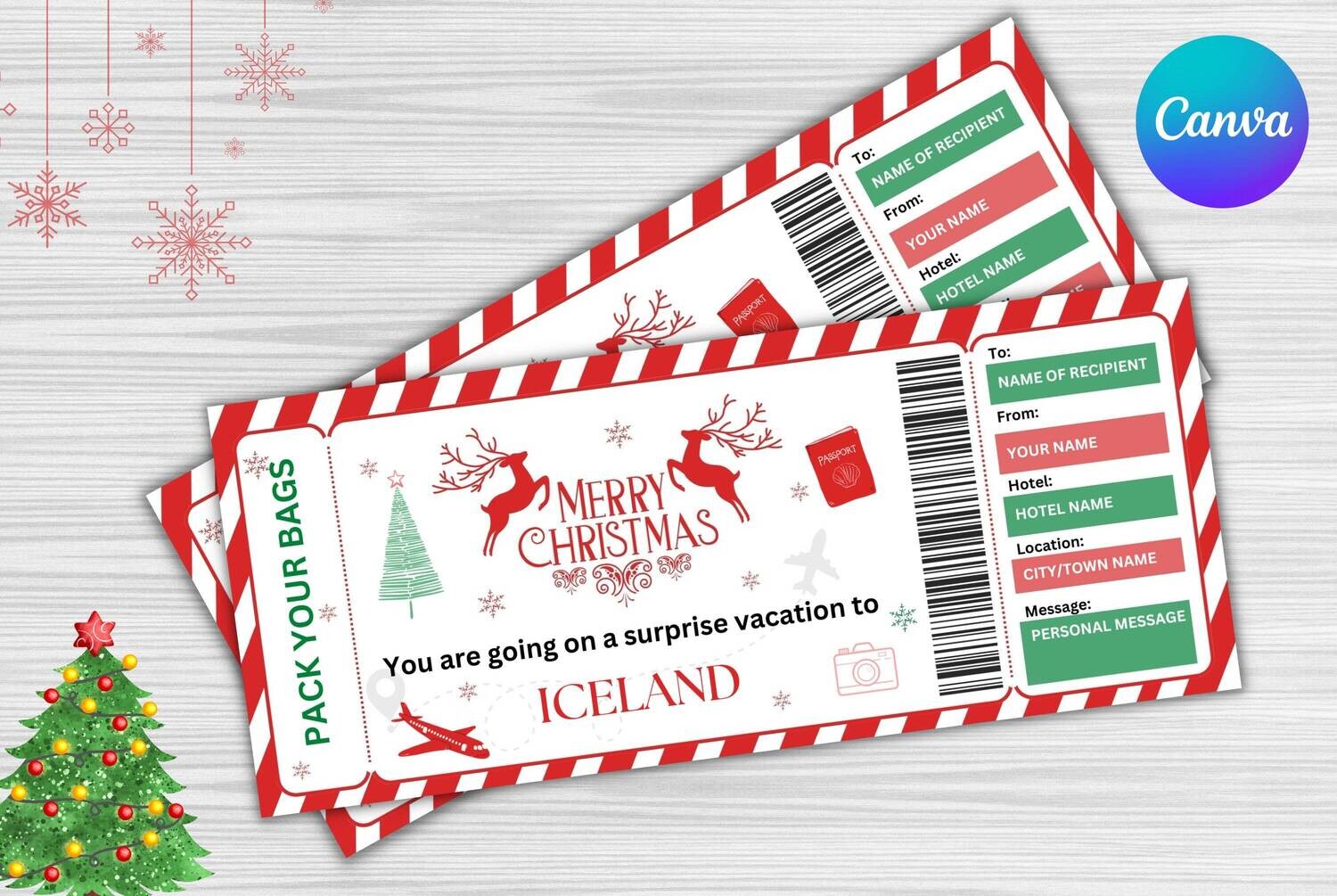 Christmas Surprise Vacation Reveal Gift Idea Travel Ticket Certificate Voucher Printable Template, Pack Your Bags, Editable INSTANT DOWNLOAD