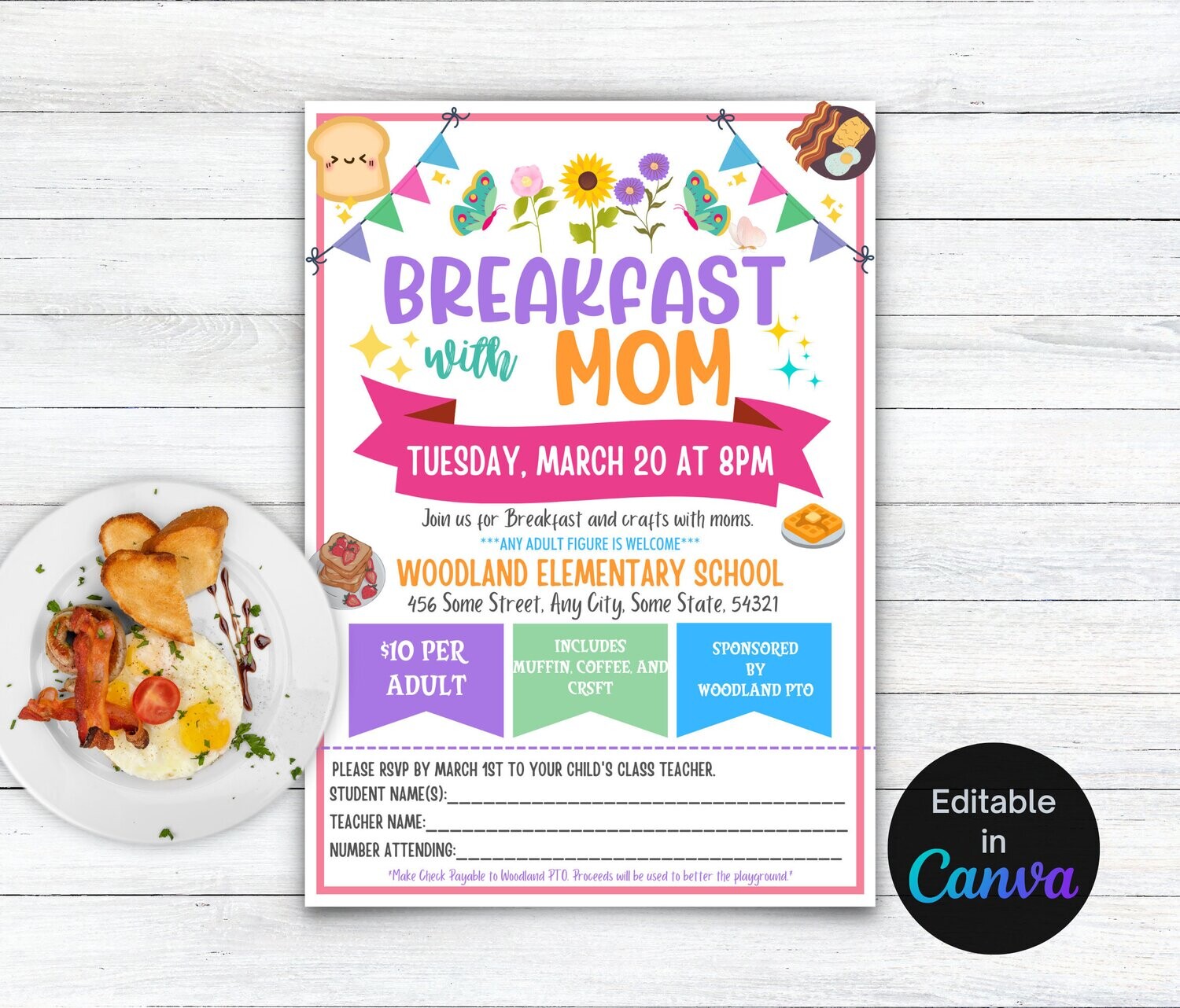Breakfast with Mom Flyer, Mother&#39;s Day Breakfast Editable Flyer, Instant Download, School Breakfast day event, fundraiser school mom day