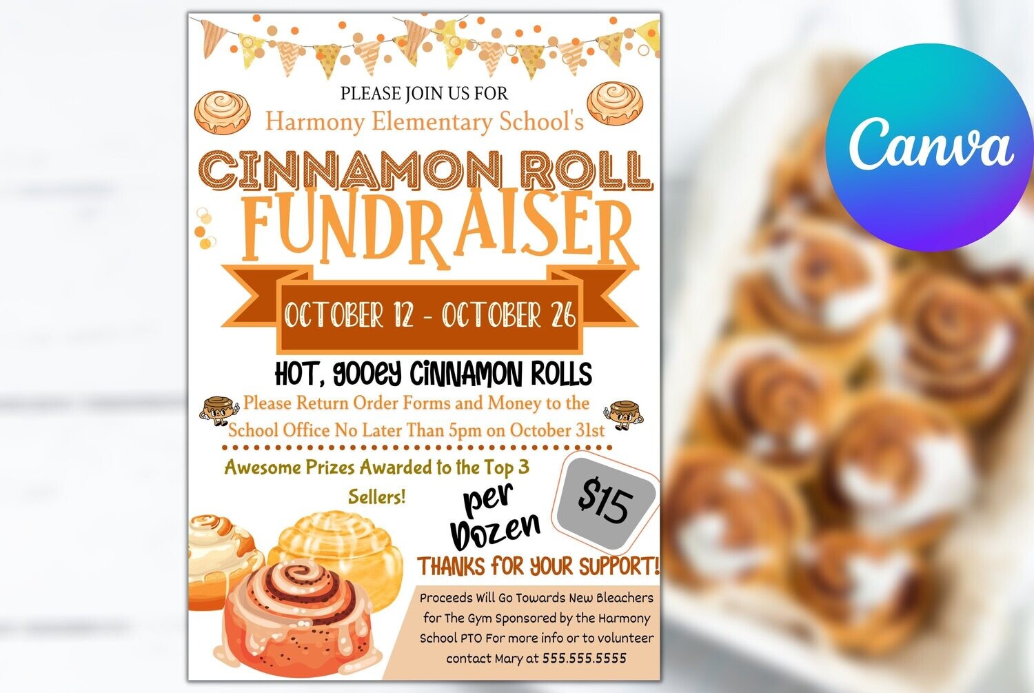 Cinnamon Roll Fundraiser Flyer, Cinnamon Buns Editable Printable School Church PTA PTO Event, Sports Team League Charity Digital Invite