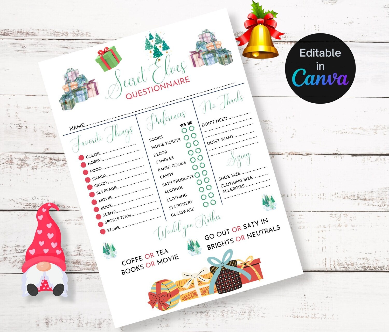 Christmas Secret Elves Questionnaire Download, Secret Elves Gift Exchange Questionnaire, Christmas Gift Questionnaire, Work Secret Santa.