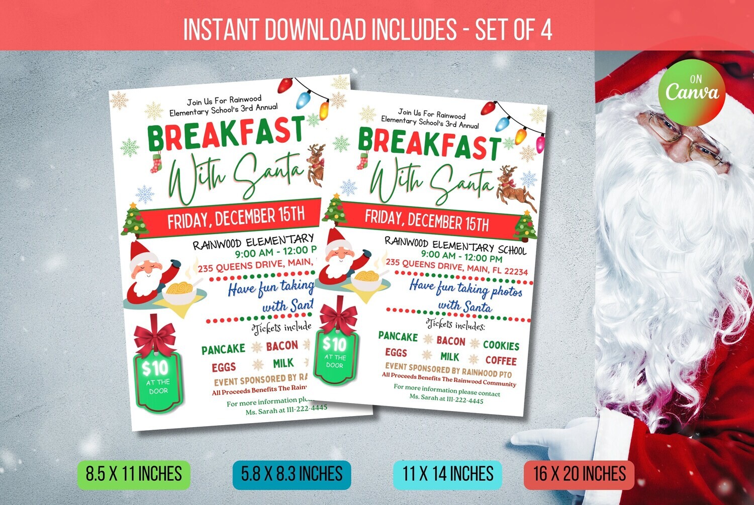 EDITABLE Breakfast with Santa Flyer, Printable Toy Drive Invitation, Kid Holiday Party Invite, School Community TEMPLATE Instant Download