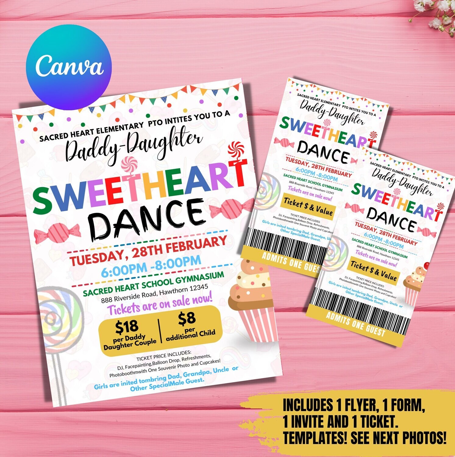 Daddy Daughter Sweetheart Dance, School Dance Flyer Party Invite, Instant Download, School Church Community Fundraiser Event Template,