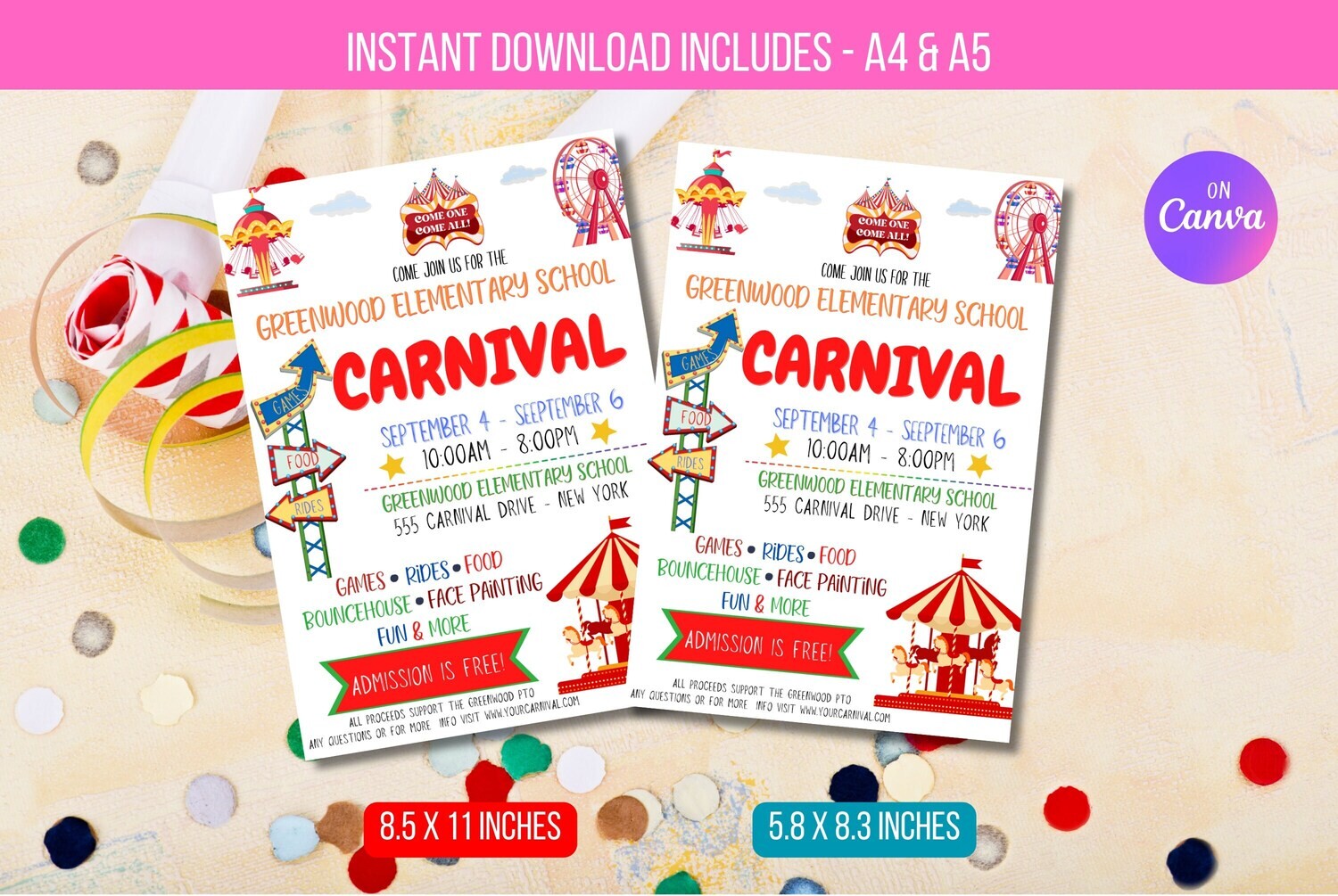 EDITABLE Carnival Flyer, Printable PTA PTO Flyer, School Church Benefit Fundraiser Event Poster, Digital Circus Party Printable Invitation