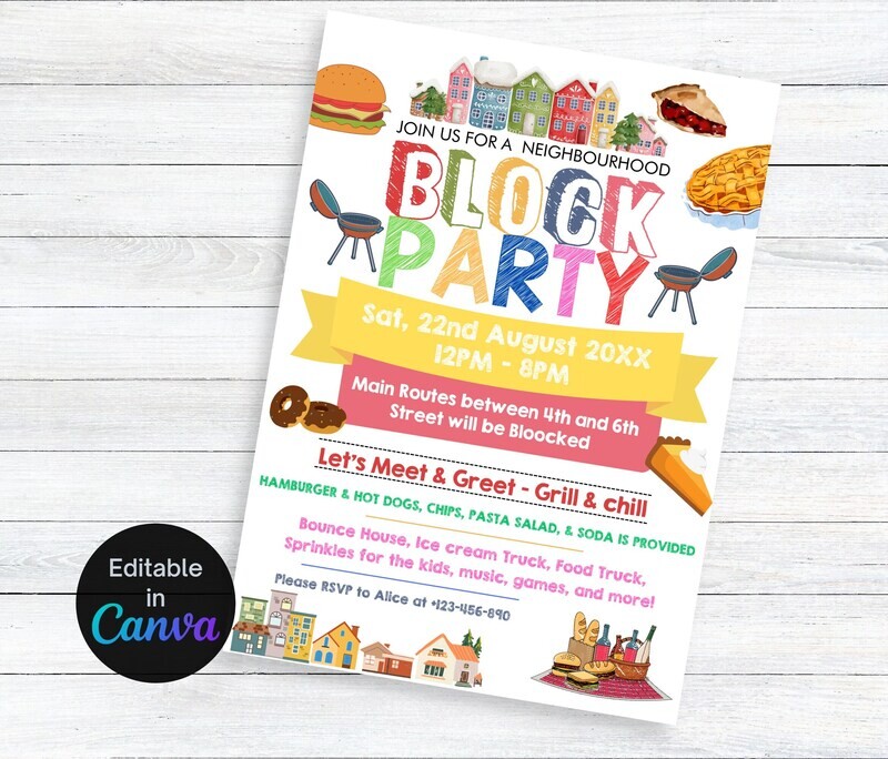 Block Party Invitation, Editable, Street Party, Community dinner flyer, neighborhood block party flyer,  Neighborhood Open House Invitation.