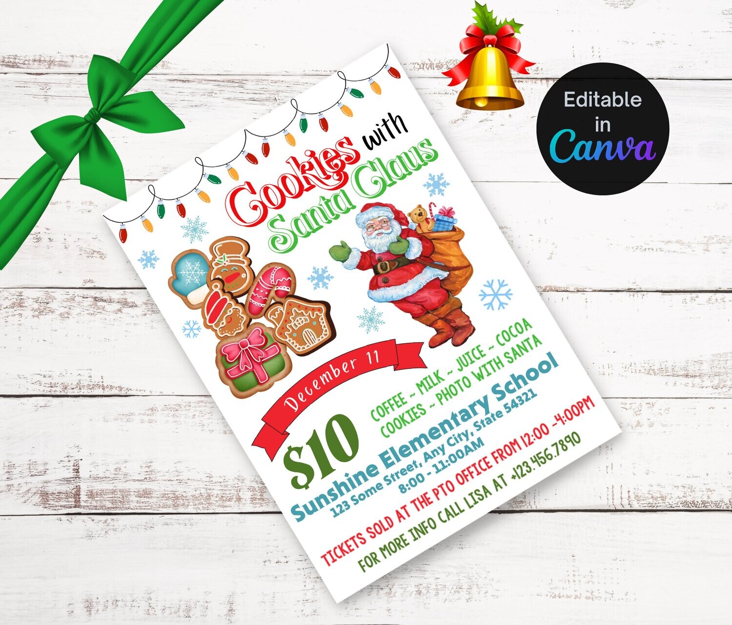 Cookies with Santa Editable Flyer, Christmas Party Invitation, Church School Christmas Holiday Party Invite, Kids Christmas Party Invitation