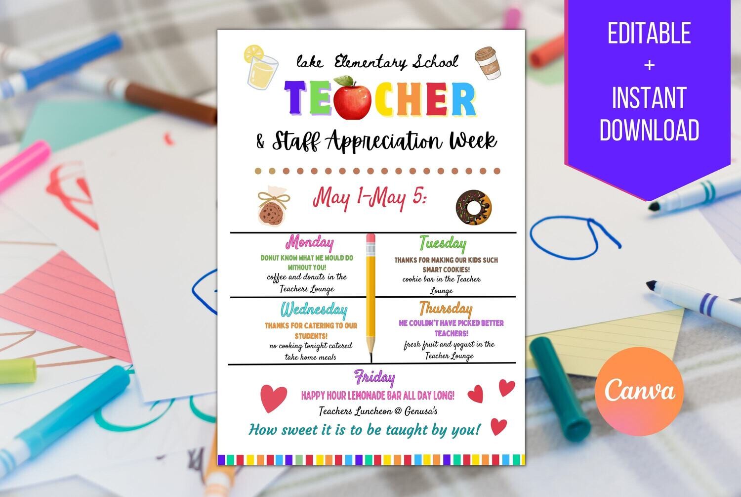 Editable Teacher Appreciation Staff Invitation Family Newsletter, Printable Appreciation Week of Events, Take Home Flyer, INSTANT DOWNLOAD