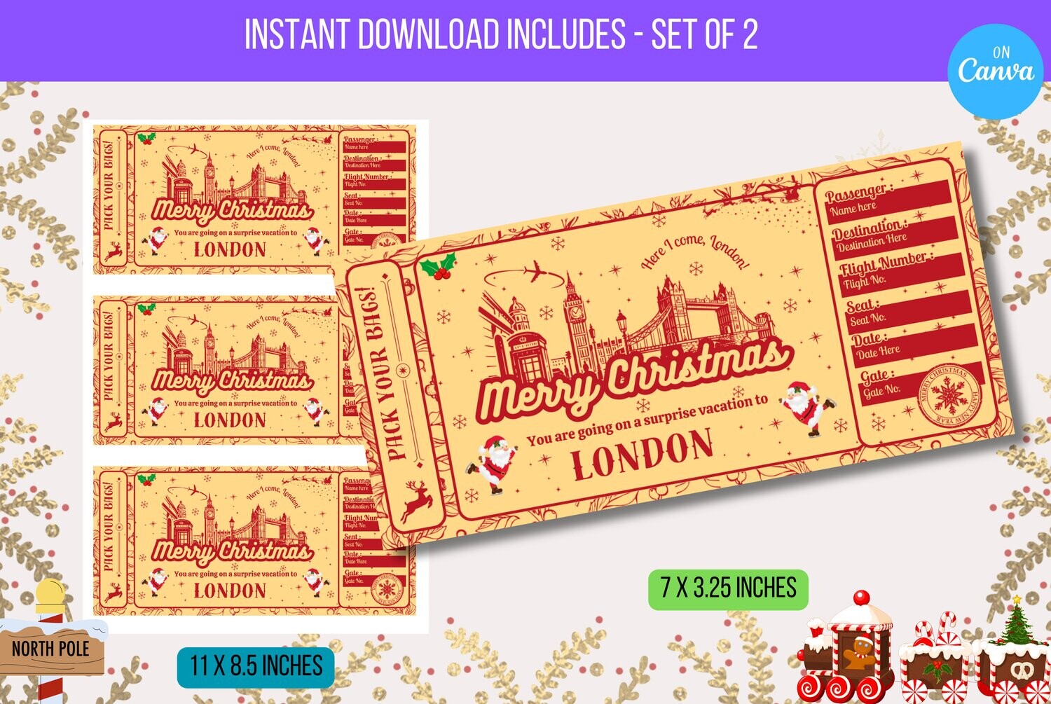 EDITABLE Christmas Travel Ticket Template Flyer, Christmas Surprise Trip To London, Reveal Plane Ticket Digital Template Instant Download