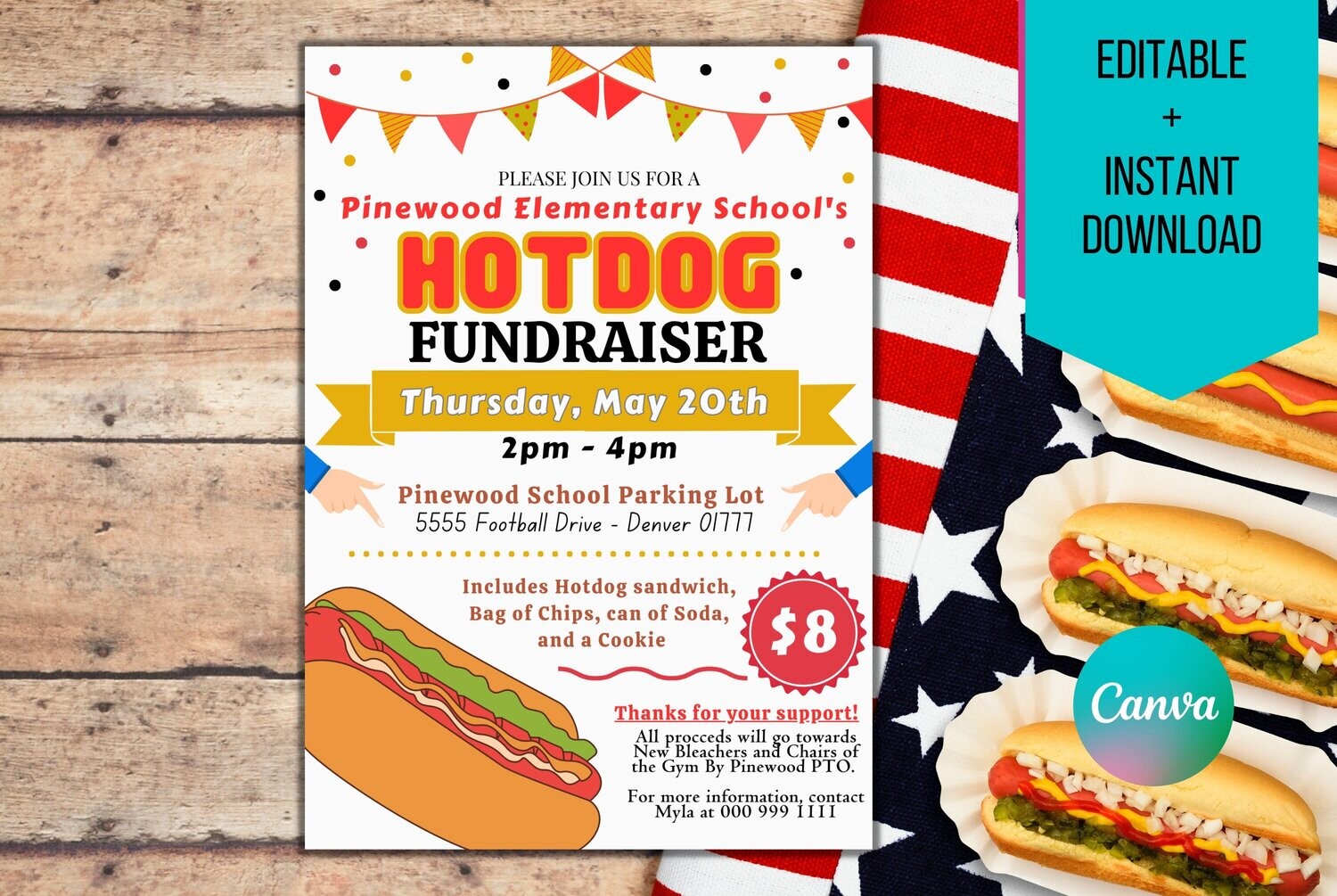 EDITABLE Hotdog Fundraiser Flyer, Printable PTA, PTO, School Church Popcorn Fundraiser Event, Team Sports Charity Printable Digital Invite