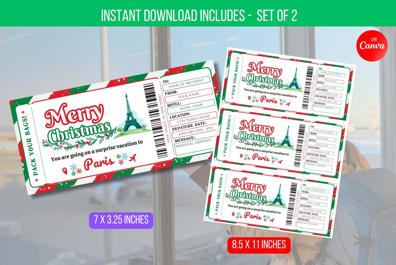 EDITABLE Christmas Boarding Ticket Template Flyer, Christmas Surprise Trip, Vacation Reveal Plane Ticket Digital Template Instant Download