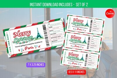 EDITABLE Christmas Boarding Ticket Template Flyer, Christmas Surprise Trip, Vacation Reveal Plane Ticket Digital Template Instant Download