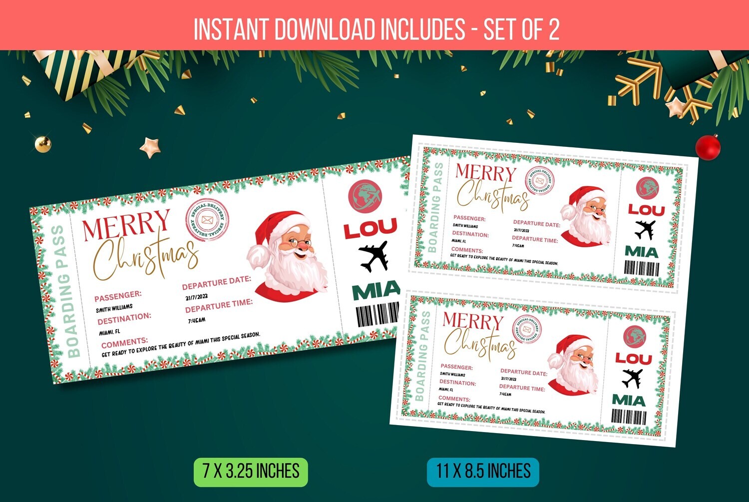 EDITABLE Christmas Boarding Pass Template Flyer, Christmas Surprise Trip,Vacation Reveal Plane Ticket gift Digital Template Instant Download