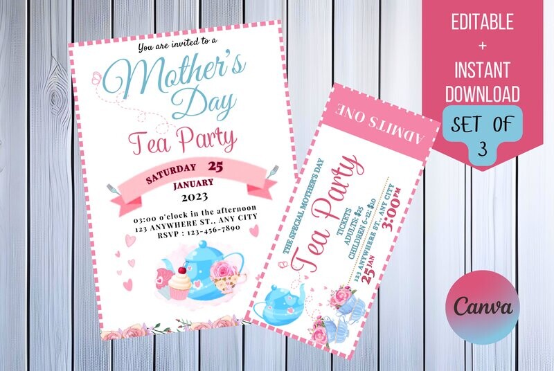 Mothers Day Tea Party Invitation with Tickets, Mother&#39;s Day Brunch Invite Mommy and Me Pink gold tea Digital Editable Printable Download