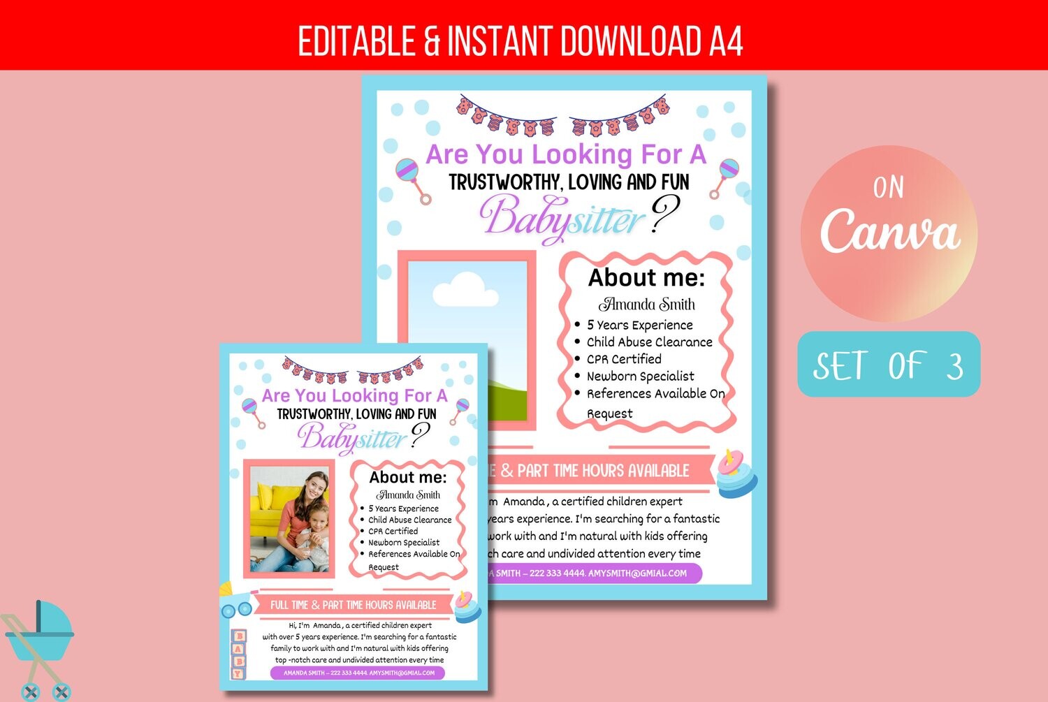 Editable Babysitter Flyer, Childcare Services Community Caretaker Printable Flyer, School Church Fundraiser Invite, Small Business TEMPLATE
