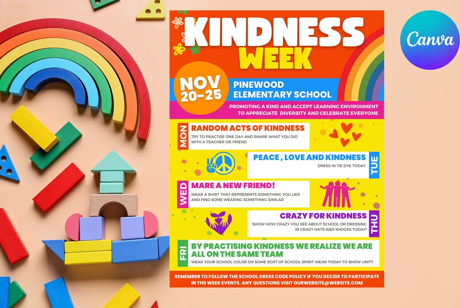 Kindness Week Itinerary Flyer, Diversity Inclusion, Printable Editable School PTO PTA Company Nonprofit Organization Schedule, DIY Template