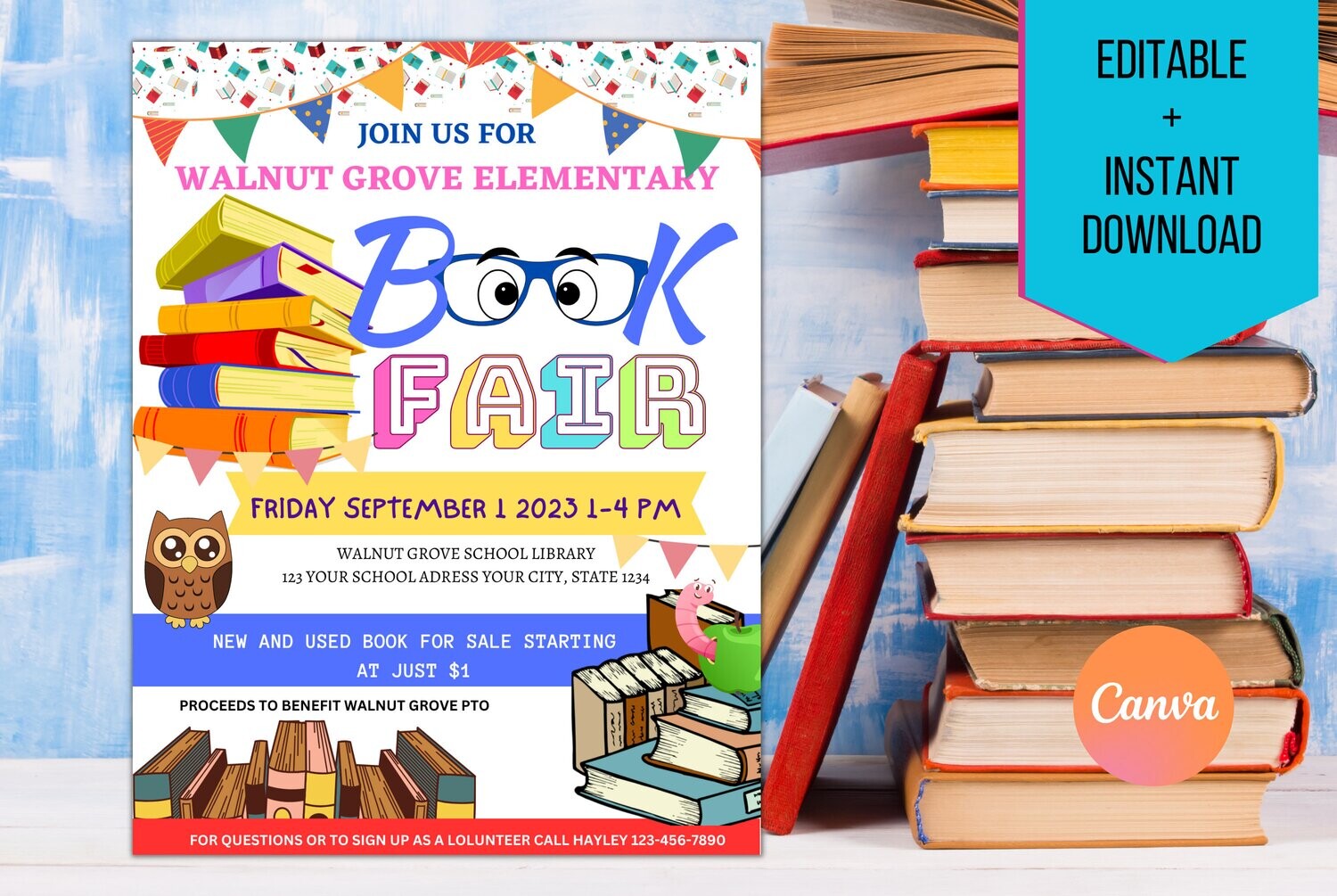EDITABLE Book Fair Flyer Printable School Fundraiser Invitation Template, Community Event, Book Sale Invite pto pta, Template Library