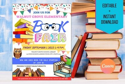 EDITABLE Book Fair Flyer Printable School Fundraiser Invitation Template, Community Event, Book Sale Invite pto pta, Template Library