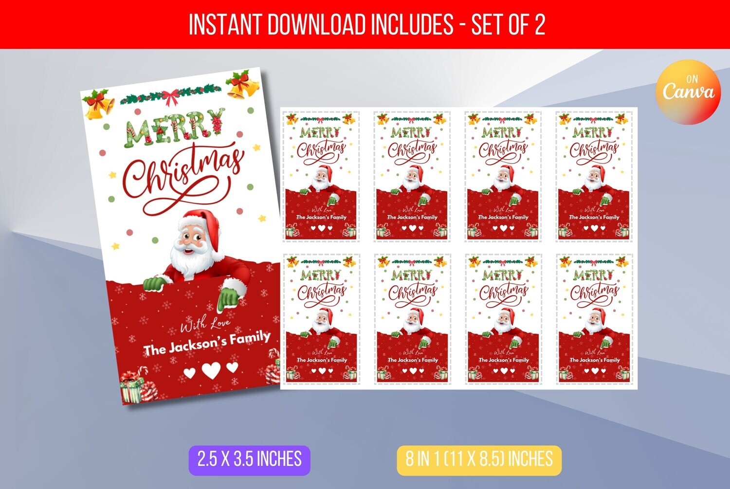EDITABLE Christmas Gift Tags, Editable Personalized Favor Tags Template with Santa, Printable Tags For School Teachers Instant Download