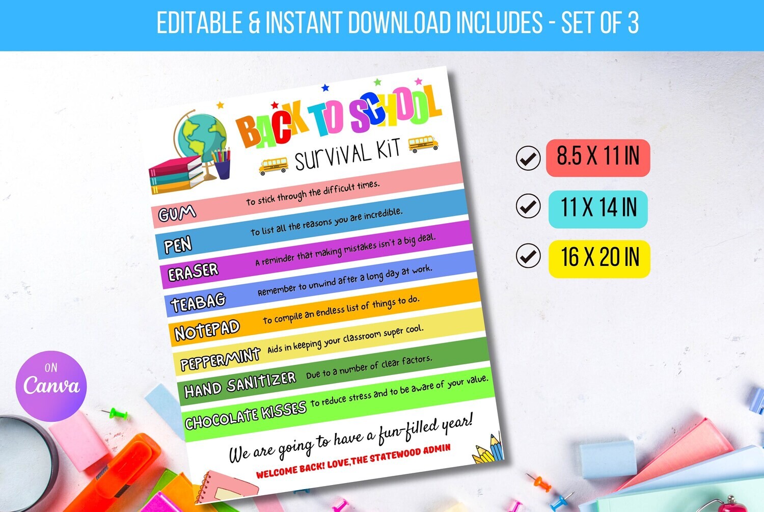 EDITABLE Back to School Survival Kit Template, First Day of School Student Teacher Gift, School Pto Pta Printable Gift Tag