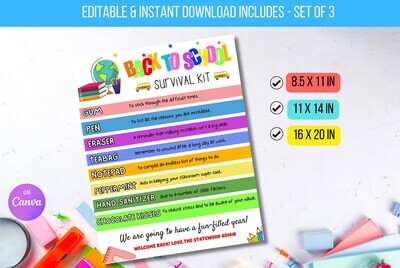 EDITABLE Back to School Survival Kit Template, First Day of School Student Teacher Gift, School Pto Pta Printable Gift Tag