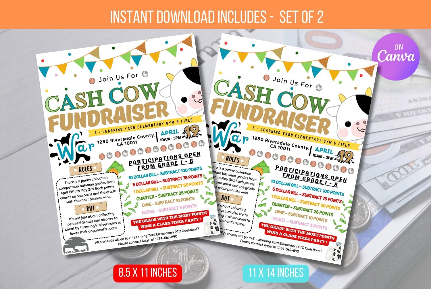EDITABLE Cash Cow Fundraiser Flyer, Dollar Wars, Printable Handout, School Fundraiser Event, Church, Nonprofit PTO PTA Event, Template