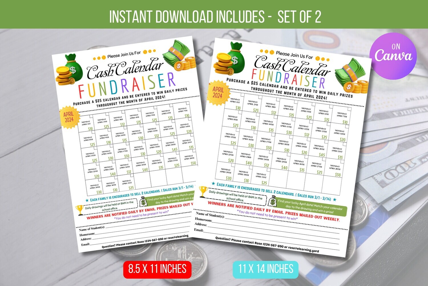 EDITABLE Cash Calendar Fundraiser Flyer Template, School Non-Profit Fundraiser Event Sheet, School PTA PTO Event Instant Download