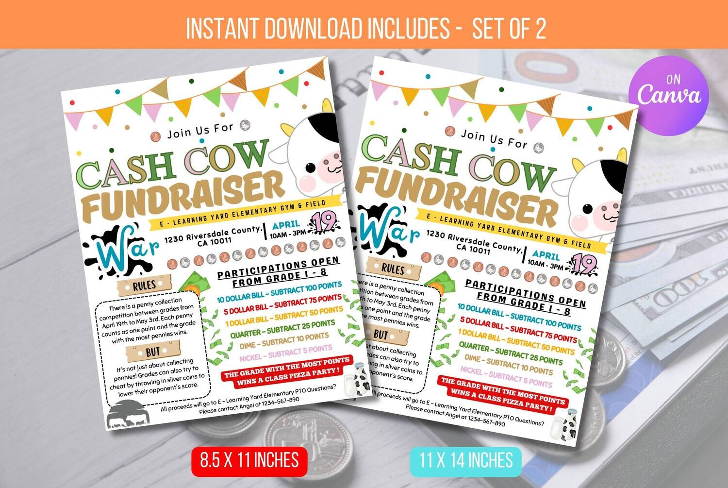 EDITABLE Cash Cow Fundraiser Flyer, Dollar Wars, Printable Handout, School Fundraiser Event, Church, Nonprofit PTO PTA Event, Template