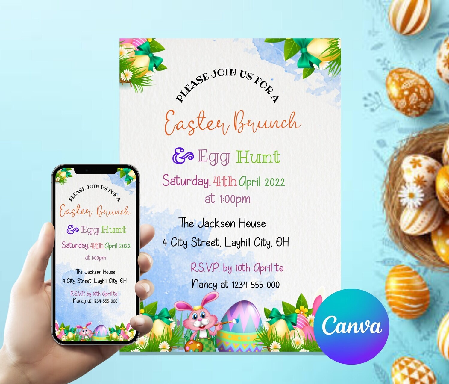 Easter Party Invitation, Elegant Easter Brunch Invite, Editable Easter Egg Hunt Template, DIY Invite, for Smartphone INSTANT Download