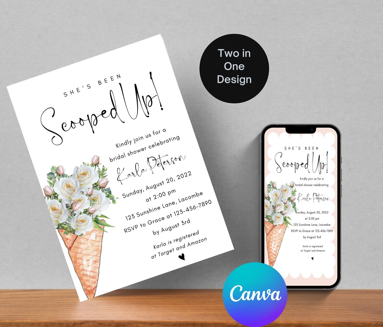 DIY Ice Cream Bridal Shower Invitation, She&#39;s Been Scooped Up Bridal Shower Invite, Editable Scooped up Bridal Shower Invitation.