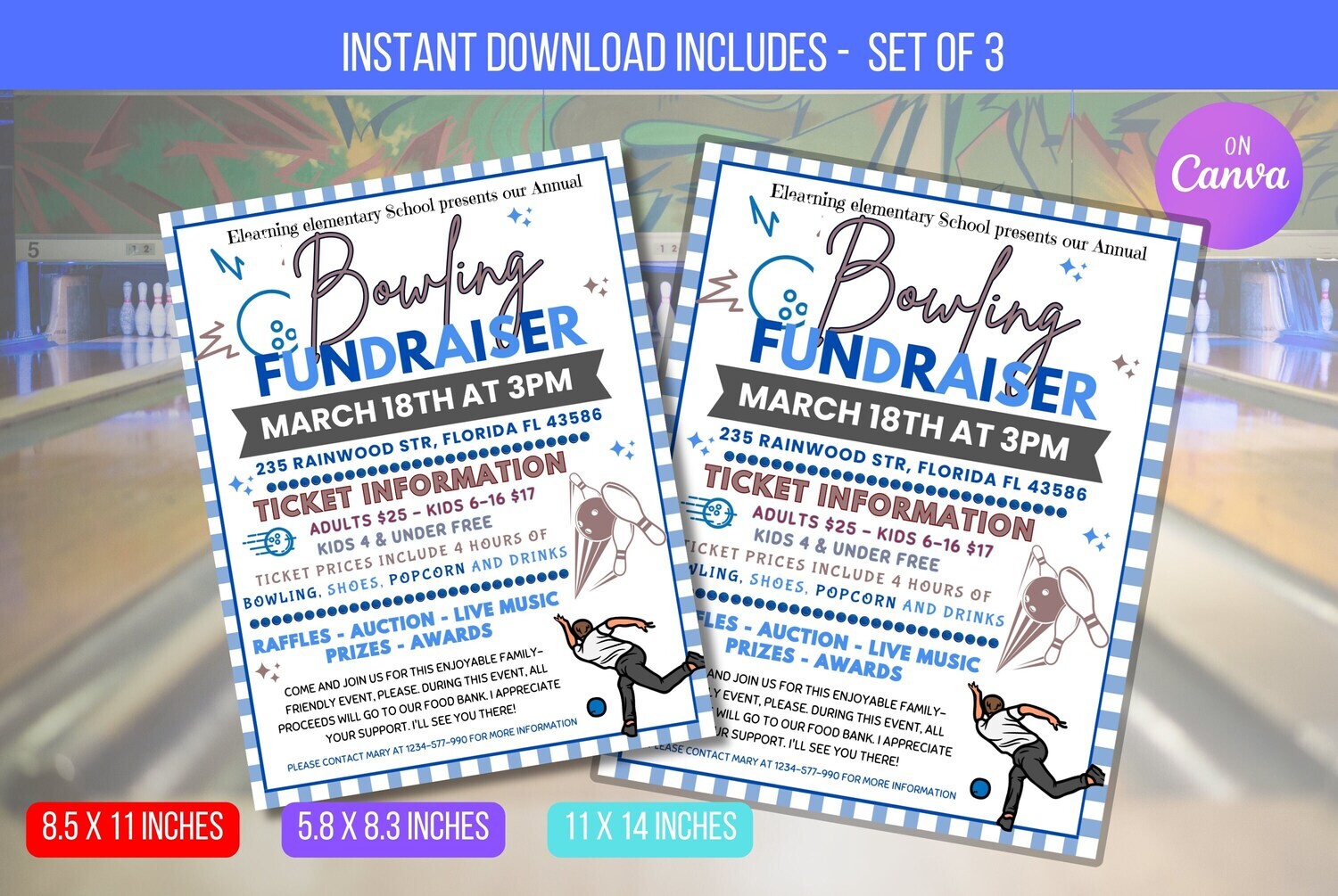 EDITABLE Bowling Fundraiser Flyer, School Community Event Poster, Fundraiser Event, Bowling Event Flyer Template DIY Instant Download
