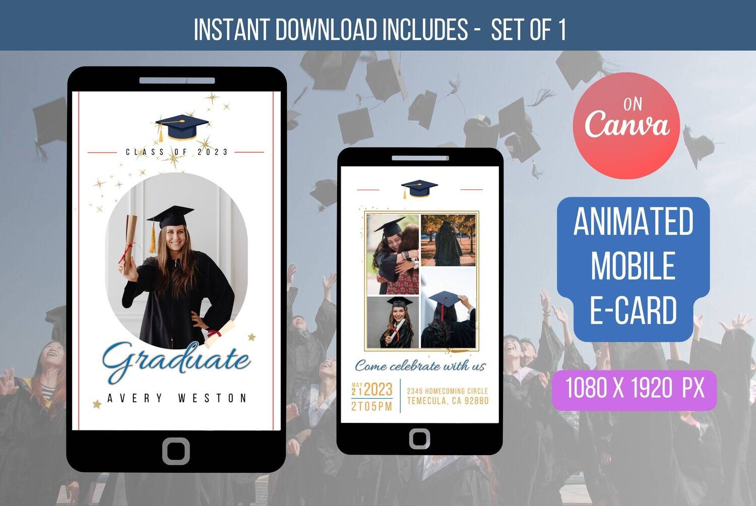 EDITABLE White Simple Graduation Invitation, Canva Instant Download, Phone E-Invite, Electronic photo invitation, Graduation party Template