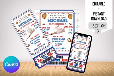 Baseball Invitation - Birthday - Sports Ticket Style, Phone invitation Instant Download template, Electronic birthday invitation template