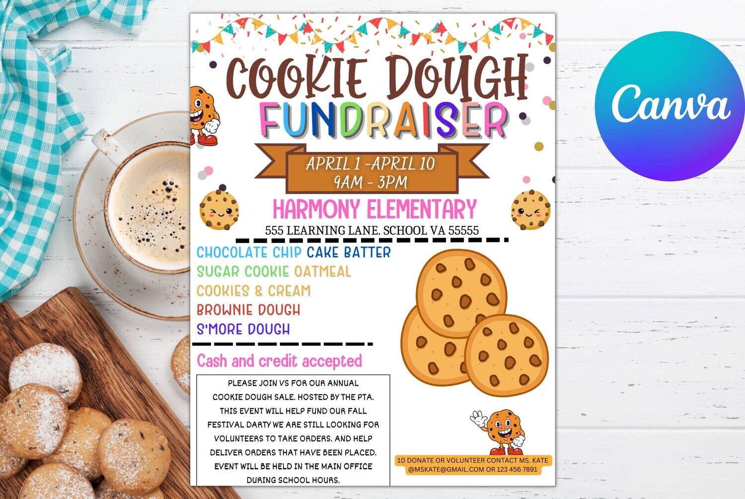 Cookie Dough Fundraiser Flyer, School PTA PTO Fundraising, Church Scouts Team Sports Charity Benfit, Baked Cookies Sales, Editable Template