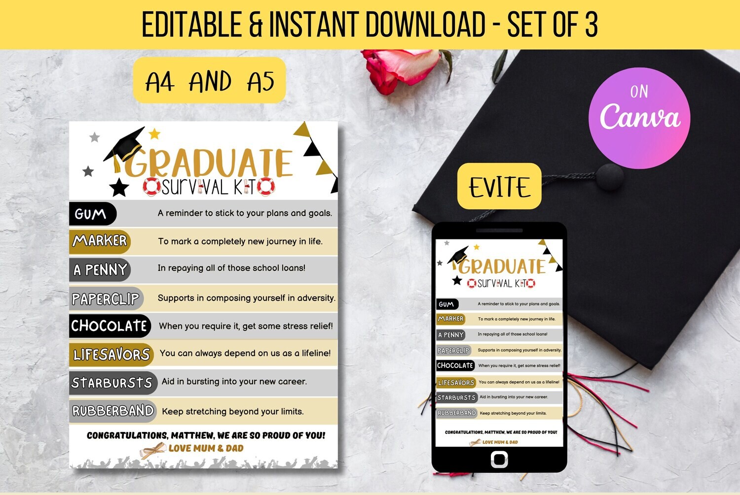 Congrats Graduate Survival, Grad Survival Kit for Life, Graduation Gift Ideas, Editable Survival Kit, Printable Digital Editable Template