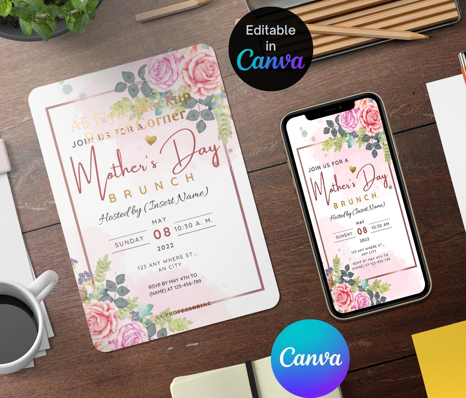 Beautiful Floral MOTHERS DAY, Editable Mother&#39;s Day Invitation Template, Floral Mother&#39;s Day Card, Mobile Mothers Day Card, Instant DOWNLOAD