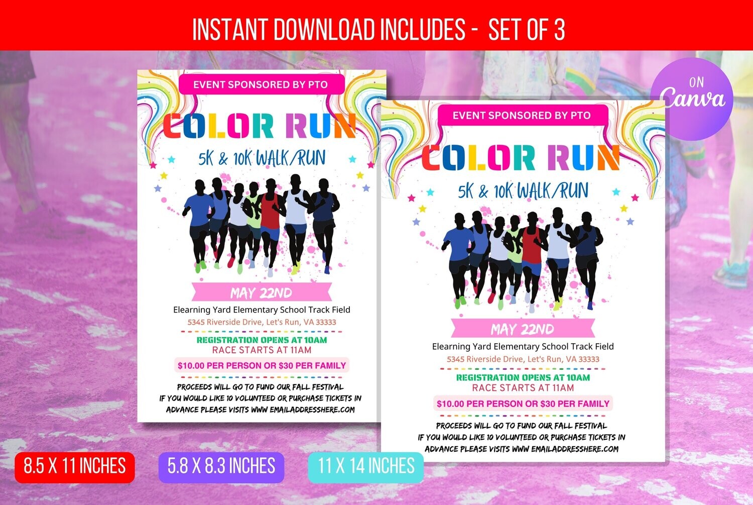 EDITABLE Color Run Invitation Flyer, School Community Fundraiser Event 5k 10k Race Charity School Benefit, Printable Poster Instant Download