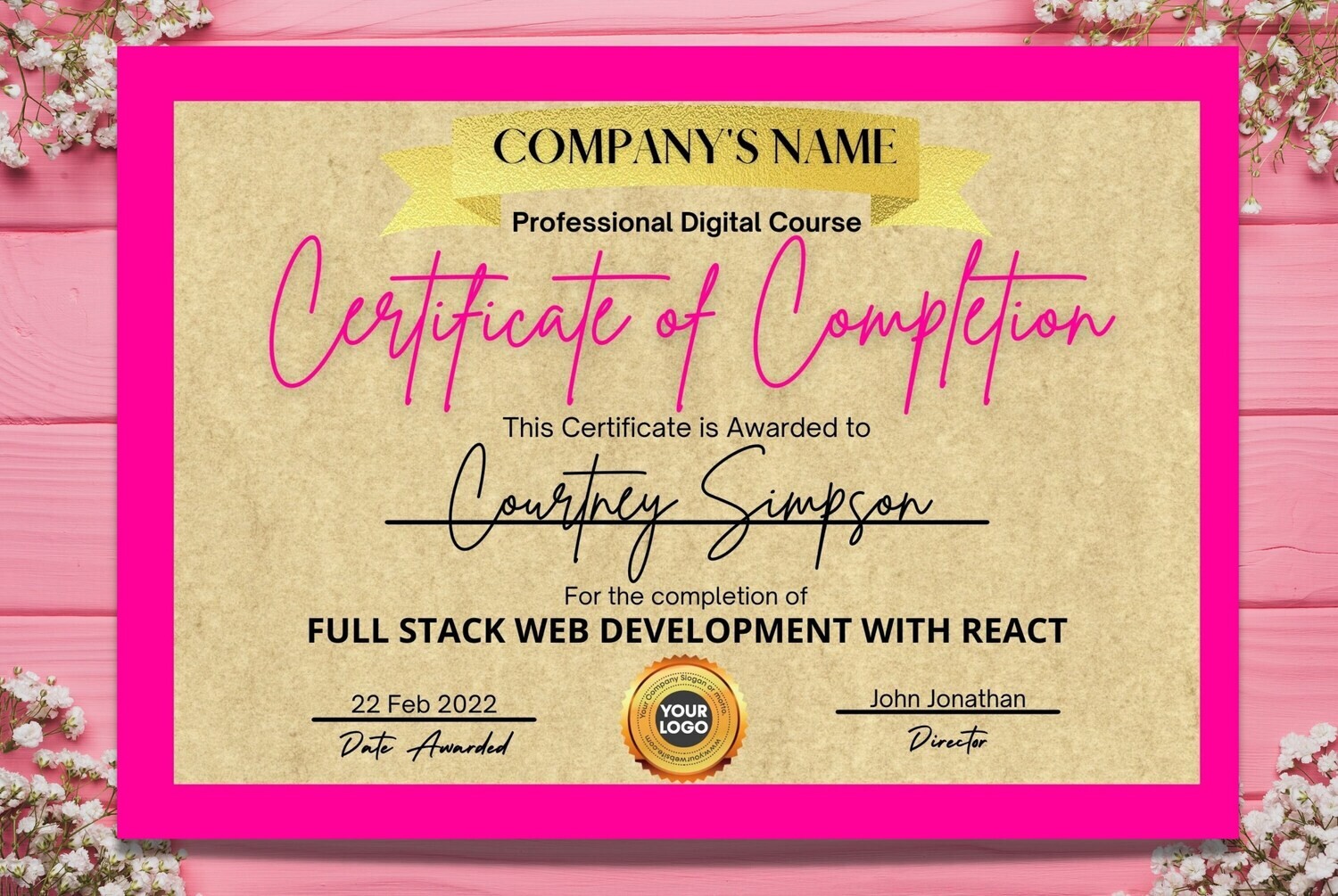 DIY Certificate of Completion Template, Pink Certificate, Gold Certificate, Certificate Template Editable, Course Certificate.