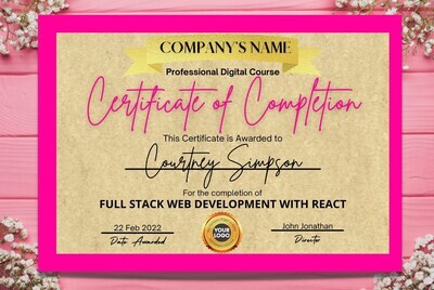 DIY Certificate of Completion Template, Pink Certificate, Gold Certificate, Certificate Template Editable, Course Certificate.
