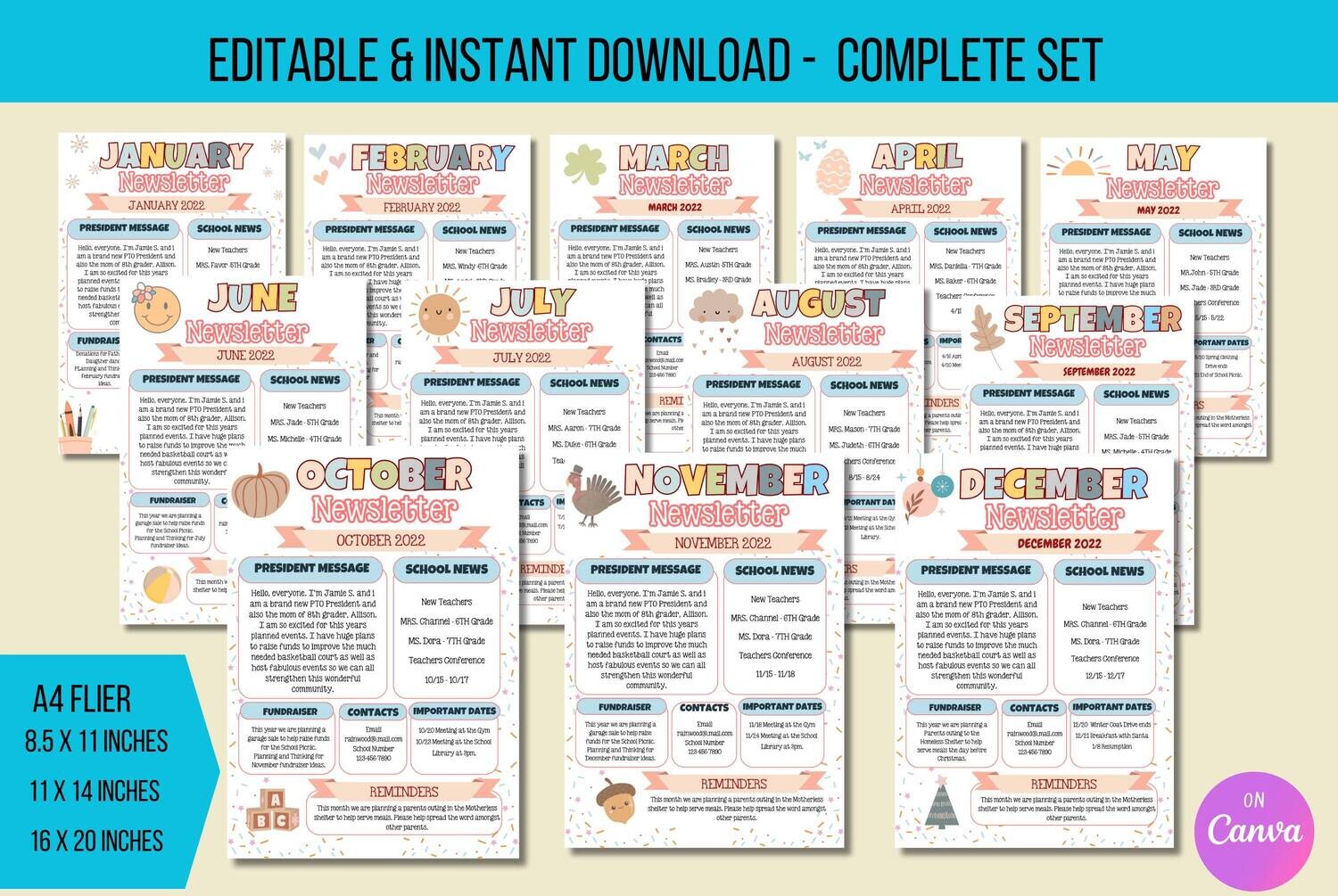 EDITABLE Boho Monthly Newsletter Template Set, Classroom Printable Handout Flyer Bundle, PTO PTA Newsletter Bundle, School Events Handout