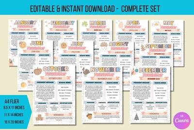 EDITABLE Boho Monthly Newsletter Template Set, Classroom Printable Handout Flyer Bundle, PTO PTA Newsletter Bundle, School Events Handout